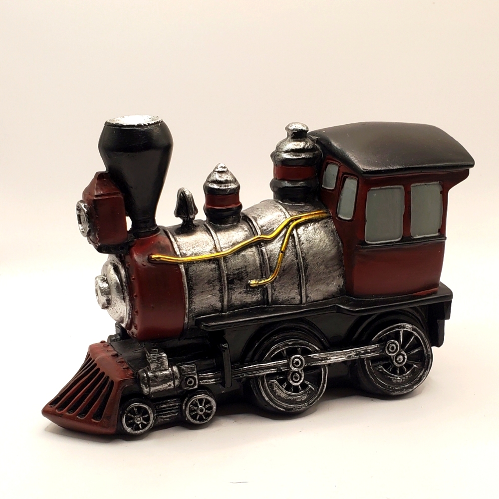 Train Engine Resin Steam Locomotive Black Red Gold Home Office Decor